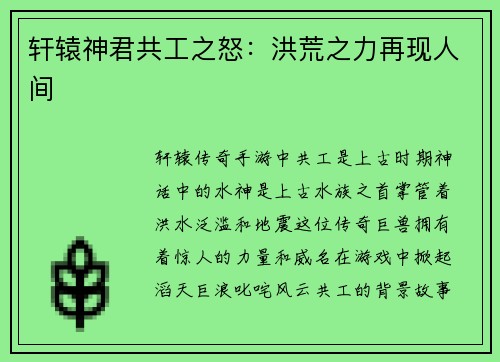 轩辕神君共工之怒：洪荒之力再现人间